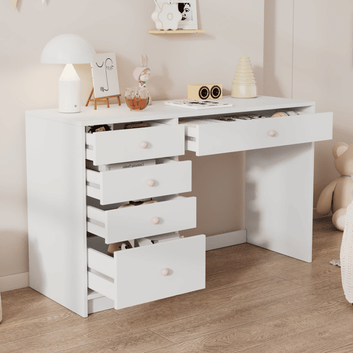 Secretária infantil 120x45x74 cm - 5 gavetas com puxadores em cerâmica rosa - branco Secretária infantil 120x45x74 cm - 5 gavetas com puxadores em cerâmica rosa - branco