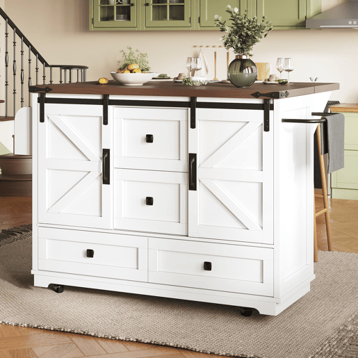 Carrinho de cozinha multifuncional - com mesa rebatível, 3 gavetas e 2 portas - Branco