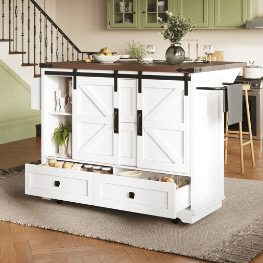Carrinho de cozinha multifuncional - com mesa rebatível, 3 gavetas e 2 portas - Branco