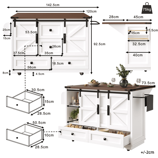 Carrinho de cozinha multifuncional - com mesa rebatível, 3 gavetas e 2 portas - Branco