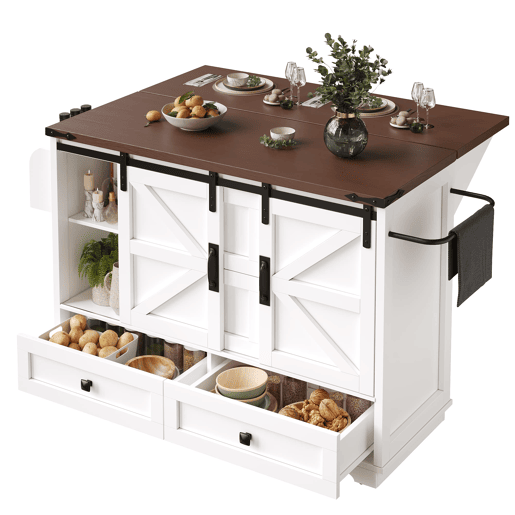 Carrinho de cozinha multifuncional - com mesa rebatível, 3 gavetas e 2 portas - Branco