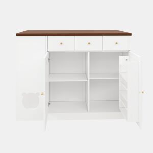 Ilha de cozinha 120x70x90 cm - com rodas, gavetas e prateleira para animais de estimação - Branco+Nogueira