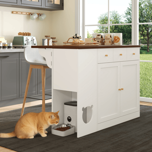 Ilha de cozinha 120x70x90 cm - com rodas, gavetas e prateleira para animais de estimação - Branco+Nogueira