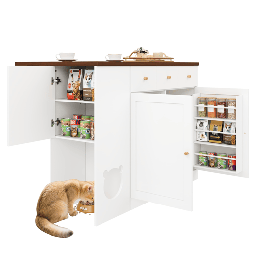 Ilha de cozinha 120x70x90 cm - com rodas, gavetas e prateleira para animais de estimação - Branco+Nogueira
