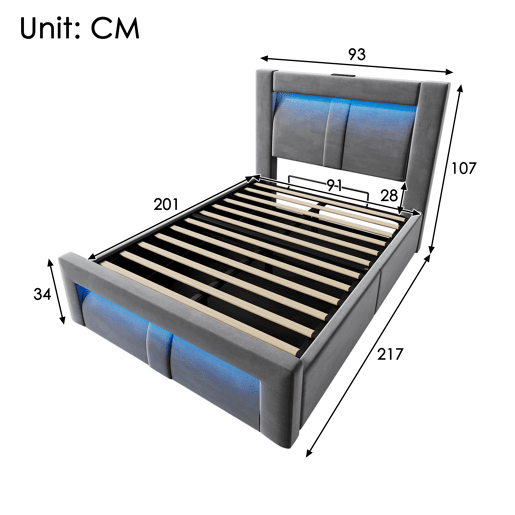 Cama de solteiro de veludo 90x200 cm com armazenamento e luz led,cinza