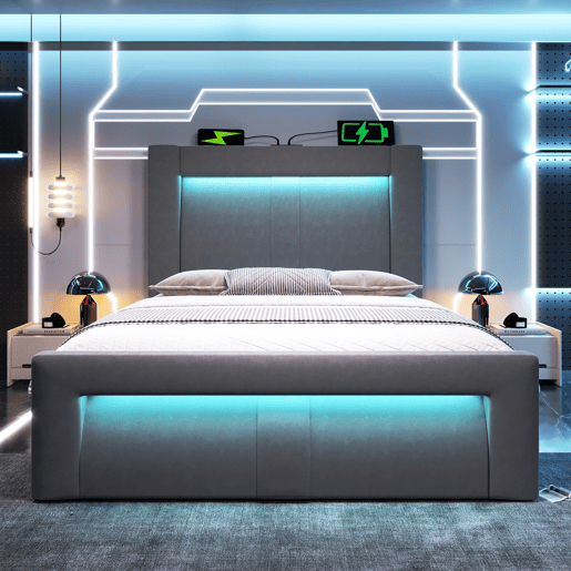 Cama de solteiro de veludo 90x200 cm com armazenamento e luz led,cinza