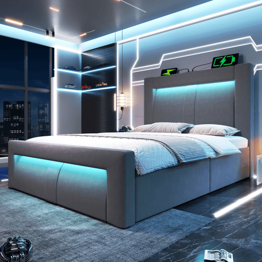Cama de solteiro de veludo 90x200 cm com armazenamento e luz led,cinza