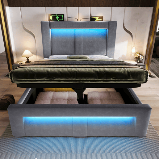 Cama de solteiro de veludo 90x200 cm com armazenamento e luz led,cinza