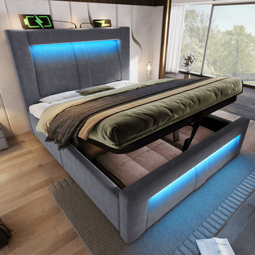 Cama de solteiro de veludo 90x200 cm com armazenamento e luz led,cinza