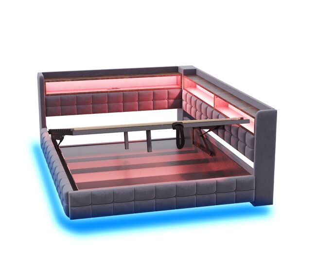 Sofá cama multifuncional 140x200 - almacenamiento hidráulico, estante, led, usb, enchufe - gris oscuro