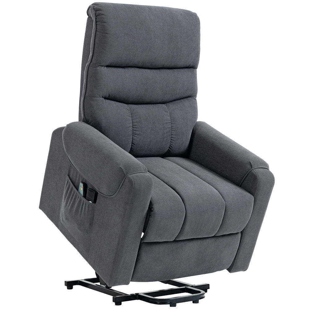 Homcom sillón relax reclinable eléctrico levanta personas, sillón elevador con 8 puntos de masaje, 2 controles remotos, reposapiés, tapizado en pana, acolchado grueso, bolsillo lateral, gris