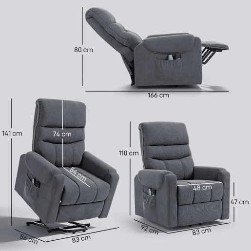 HOMCOM Poltrona de Massagem Relax Poltrona Levanta Pessoas com Reclinação Elétrica em até 135° com Controle Remoto e 8 Zonas de Massagem Estofado em Veludo Cotelê e Acolchoada 83x92x110 cm Cinza