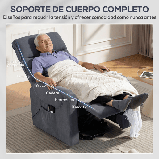 HOMCOM Poltrona de Massagem Relax Poltrona Levanta Pessoas com Reclinação Elétrica em até 135° com Controle Remoto e 8 Zonas de Massagem Estofado em Veludo Cotelê e Acolchoada 83x92x110 cm Cinza