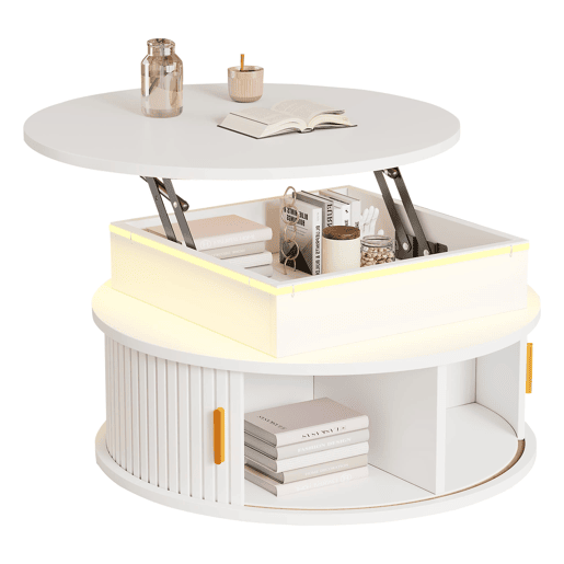 Mesa de centro elevável 75x75x52 cm - LED, redonda com arrumação oculta - branca Mesa de centro elevável 75x75x52 cm - LED, redonda com arrumação oculta - branca