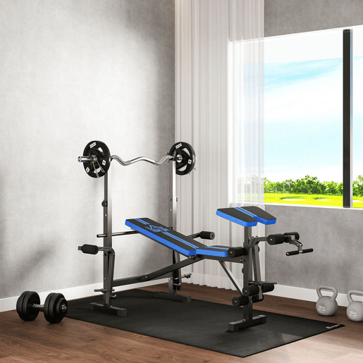 HOMCOM Banco de Musculação Multifuncional com Encosto Ajustável, Suporte para Barras Regulável, Extensão de Pernas, Curl de Pregador, Borboleta, Treino para Casa e Ginásio, Azul