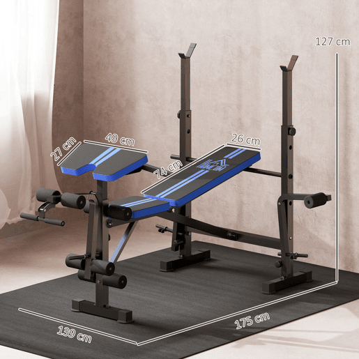 HOMCOM Banco de Musculação Multifuncional com Encosto Ajustável, Suporte para Barras Regulável, Extensão de Pernas, Curl de Pregador, Borboleta, Treino para Casa e Ginásio, Azul