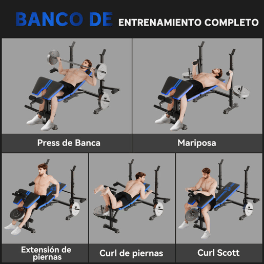 HOMCOM Banco de Musculação Multifuncional com Encosto Ajustável, Suporte para Barras Regulável, Extensão de Pernas, Curl de Pregador, Borboleta, Treino para Casa e Ginásio, Azul