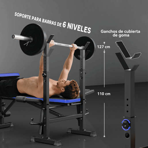 HOMCOM Banco de Musculação Multifuncional com Encosto Ajustável, Suporte para Barras Regulável, Extensão de Pernas, Curl de Pregador, Borboleta, Treino para Casa e Ginásio, Azul