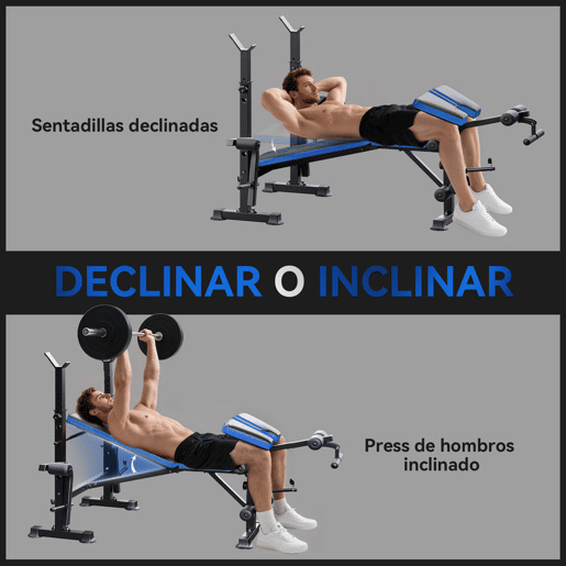 HOMCOM Banco de Musculação Multifuncional com Encosto Ajustável, Suporte para Barras Regulável, Extensão de Pernas, Curl de Pregador, Borboleta, Treino para Casa e Ginásio, Azul