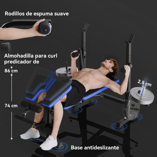 HOMCOM Banco de Musculação Multifuncional com Encosto Ajustável, Suporte para Barras Regulável, Extensão de Pernas, Curl de Pregador, Borboleta, Treino para Casa e Ginásio, Azul