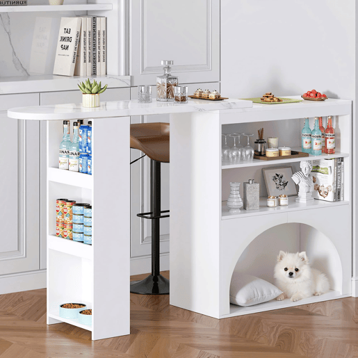 Mesa de bar extensível e mesa de jantar 120(+80)×40×100 cm - Com área para animais de estimação, sem prato nem almofada, Branca Mesa de bar extensível e mesa de jantar 120(+80)×40×100 cm - Com área para animais de estimação, sem prato nem almofada, Branca