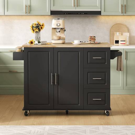 Mesa de cozinha 137x43x92 cm - dobrável, com gavetas e toalheiro - preta
