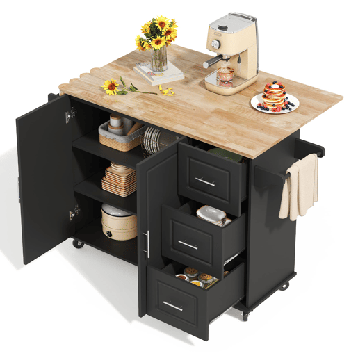 Mesa de cozinha 137x43x92 cm - dobrável, com gavetas e toalheiro - preta
