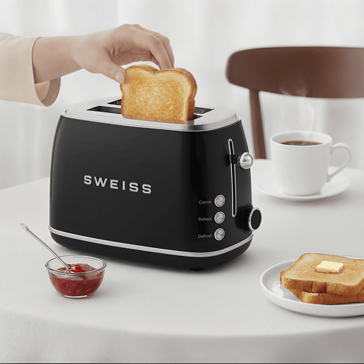 Torradeira vintage SWEISS GRS9 de 850 W com 2 ranhuras, 6 níveis de tostagem e função descongelar, preta