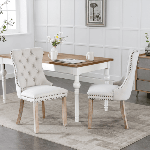 Cadeira de sala de jantar - Conjunto de 2 unidades, moderna, estofada em linho, encosto capitoné, pernas em madeira - Bege