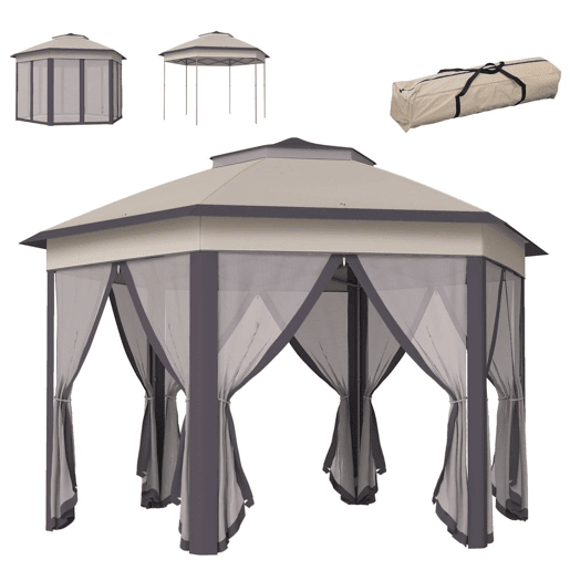 Outsunny Tenda Dobrável 4x3,4 m Tenda de Jardim Hexagonal com Duplo Teto 6 Mosquiteiras Destacáveis e Saco de Transporte Impermeável Anti-UV para Exterior Festas Castanho e Bege