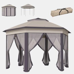 Outsunny Tenda Dobrável 4x3,4 m Tenda de Jardim Hexagonal com Duplo Teto 6 Mosquiteiras Destacáveis e Saco de Transporte Impermeável Anti-UV para Exterior Festas Castanho e Bege