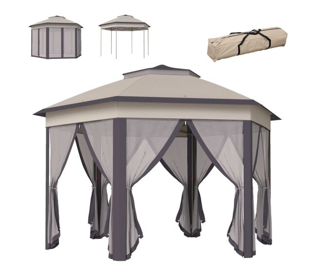 Outsunny carpa plegable 4x3,4 m, cenador de jardín hexagonal con doble techo, 6 mosquiteras extraíbles y bolsa de transporte, impermeable, anti-uv