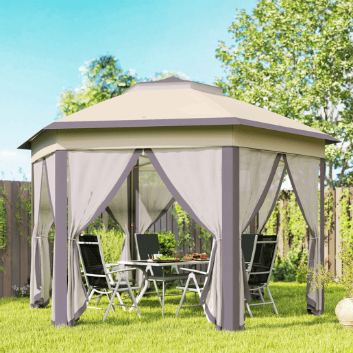 Outsunny Tenda Dobrável 4x3,4 m Tenda de Jardim Hexagonal com Duplo Teto 6 Mosquiteiras Destacáveis e Saco de Transporte Impermeável Anti-UV para Exterior Festas Castanho e Bege