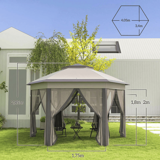 Outsunny Tenda Dobrável 4x3,4 m Tenda de Jardim Hexagonal com Duplo Teto 6 Mosquiteiras Destacáveis e Saco de Transporte Impermeável Anti-UV para Exterior Festas Castanho e Bege