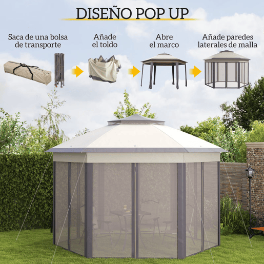 Outsunny Tenda Dobrável 4x3,4 m Tenda de Jardim Hexagonal com Duplo Teto 6 Mosquiteiras Destacáveis e Saco de Transporte Impermeável Anti-UV para Exterior Festas Castanho e Bege