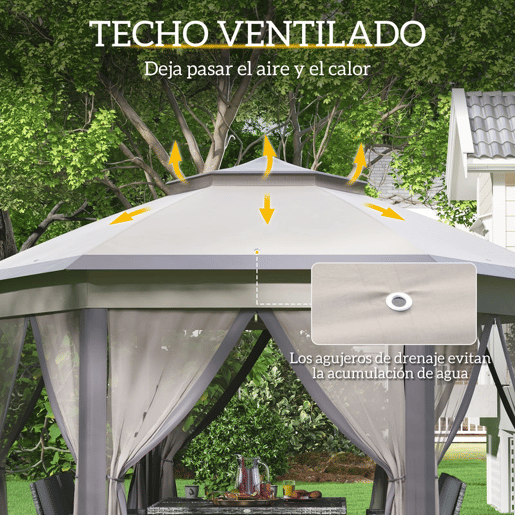 Outsunny Tenda Dobrável 4x3,4 m Tenda de Jardim Hexagonal com Duplo Teto 6 Mosquiteiras Destacáveis e Saco de Transporte Impermeável Anti-UV para Exterior Festas Castanho e Bege