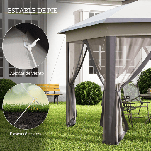 Outsunny Tenda Dobrável 4x3,4 m Tenda de Jardim Hexagonal com Duplo Teto 6 Mosquiteiras Destacáveis e Saco de Transporte Impermeável Anti-UV para Exterior Festas Castanho e Bege