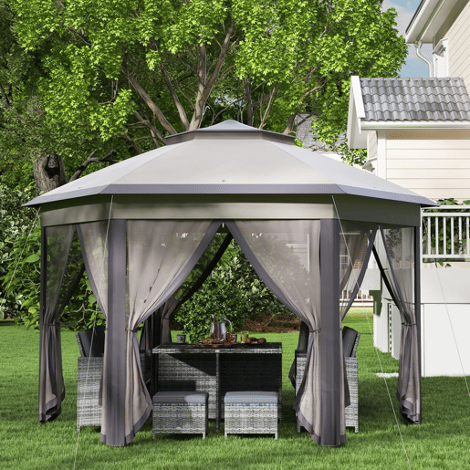 Outsunny Tenda Dobrável 4x3,4 m Tenda de Jardim Hexagonal com Duplo Teto 6 Mosquiteiras Destacáveis e Saco de Transporte Impermeável Anti-UV para Exterior Festas Castanho e Bege