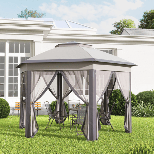 Outsunny Tenda Dobrável 4x3,4 m Tenda de Jardim Hexagonal com Duplo Teto 6 Mosquiteiras Destacáveis e Saco de Transporte Impermeável Anti-UV para Exterior Festas Castanho e Bege