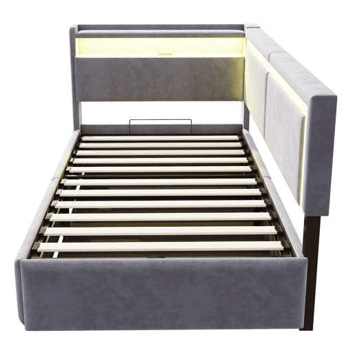 Sofá-cama 90x200 cm - Com LED, portas USB, cabeceira rebatível, arrumação hidráulica - Cinza claro