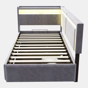 Sofá-cama 90x200 cm - Com LED, portas USB, cabeceira rebatível, arrumação hidráulica - Cinza claro