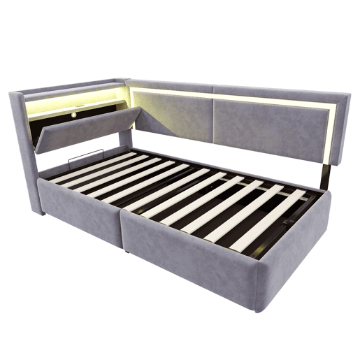 Sofá-cama 90x200 cm - Com LED, portas USB, cabeceira rebatível, arrumação hidráulica - Cinza claro