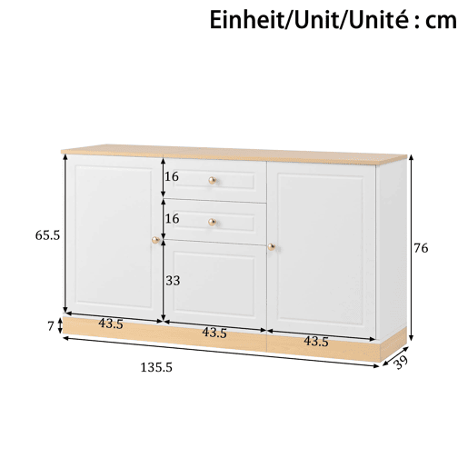 Aparador com 3 portas e 2 gavetas - armazenamento multifuncional para sala de estar e sala de jantar - Branco