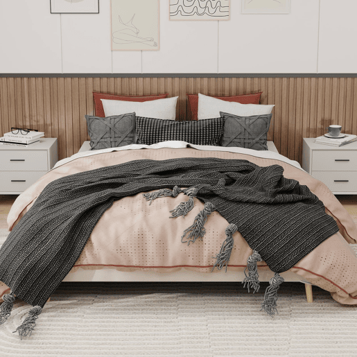 Cama moderna minimalista 160x200 - Base baixa, estilo moderno - Bege Cama moderna minimalista 160x200 - Base baixa, estilo moderno - Bege