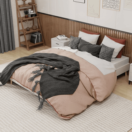 Cama moderna minimalista 160x200 - Base baixa, estilo moderno - Bege Cama moderna minimalista 160x200 - Base baixa, estilo moderno - Bege