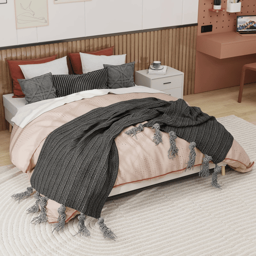 Cama moderna minimalista 160x200 - Base baixa, estilo moderno - Bege Cama moderna minimalista 160x200 - Base baixa, estilo moderno - Bege