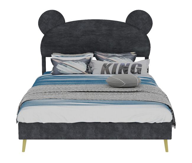 Cama tapizada infantil 140x200 - cabecero suave con diseño de dibujos, base baja sin almacenamiento - gris