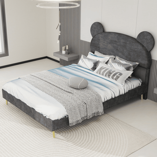 Cama infantil estofada 140x200 - Cabeceira macia com desenhos, base baixa sem arrumação - Cinza