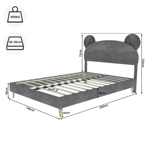 Cama infantil estofada 140x200 - Cabeceira macia com desenhos, base baixa sem arrumação - Cinza