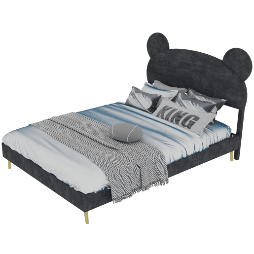 Cama infantil estofada 140x200 - Cabeceira macia com desenhos, base baixa sem arrumação - Cinza